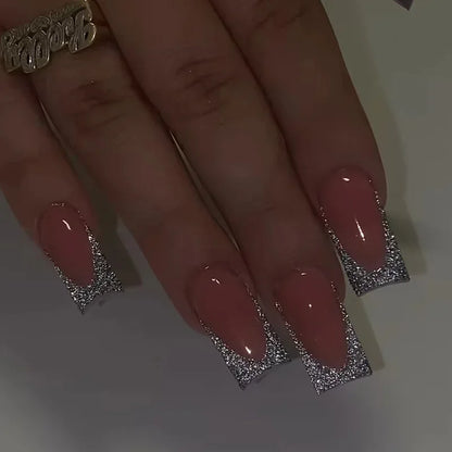 24Pcs Simple Blue French Fake Nails with Diamond Love Pattern Design False Nails Press on Mid-length Ballet Full Cover Nail Tips