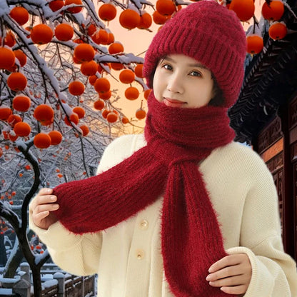 Velvet Thickened Plush Hats And Scarf All In One Knitted Women's Winter Double Layer Warm Wool Hooded Ear Protection Beanie Cap