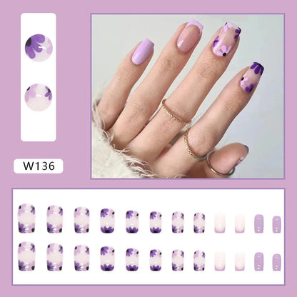 24pcs/Box Ballerina Nail Tip Purple with Design Manicure Patches Fresh Floral Almond False Nails Press on Med Nails Detachable