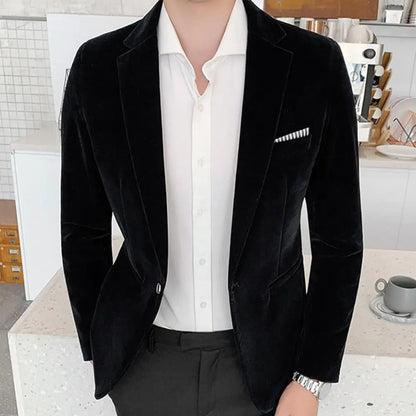 Spring Velvet Men Blazer Solid Color Temperament Suit Jacket Turndown Collar Long Sleeve Slim Fit Single Button Velvet Suit Coat