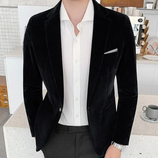 Spring Velvet Men Blazer Solid Color Temperament Suit Jacket Turndown Collar Long Sleeve Slim Fit Single Button Velvet Suit Coat