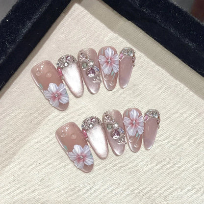 10Pcs Sweet Cute Handmade Press on Nails Flower Butterfly Fake Nails Glossy Diamond False Nails Full Cover Acrylic Nail Tips Art