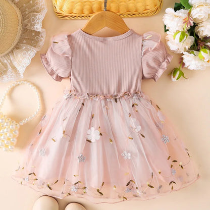 Baby Girl Dress Summer Girl Full Print Flower Mesh Princess Dress Girl Bow Flower Girl Wedding Dress  Birthday Dress