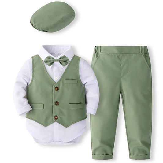 5Piece Sets Spring Autumn Newborn Boy Clothes Korean Fashion Gentleman Bodysuit+Vest+Pants+Tie+Hat Baby Luxury Clothing BC1684