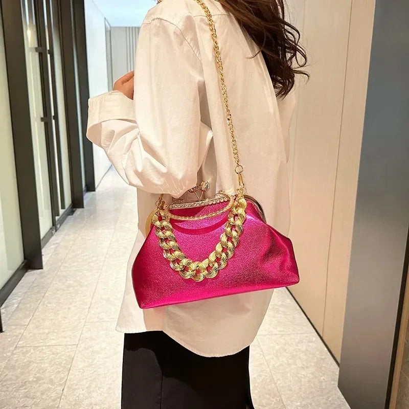 2024 Luxury Women Gold Green Chain Messenger Bags PU Leather Shoulder Bags Shell Clip Designer Handbag And Purse Wedding Clutch