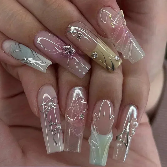 24Pcs Long Ballet French False Nails Pink Butterfly Flower with Rhinestones Wearable Fake Nails Gradient Press on Nail Tips Art