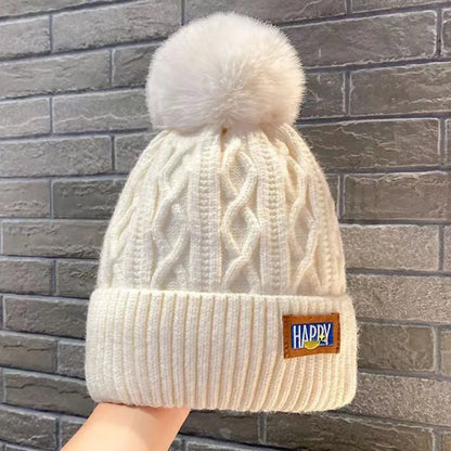 Soft Thick Knitted Beanies Cap With Hairball Winter Warm Lining Velvet Woolen Hat Fashion Twist Weaving Outdoor Causal Women Hat