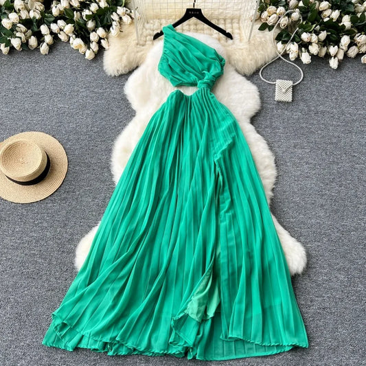 Elegant Hollow Out Pleated Off Shoulder Off Waist Split Dress Vacation Diagonal Collar Women Ceremonial Vestidos Dresses