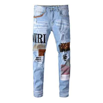 High Street New Hip Hop Jeans Men Fashion Brand Black Blue Patch Embroidery Stretch Slim Fit Jeans Mens Summer Jeans Mens Jeans