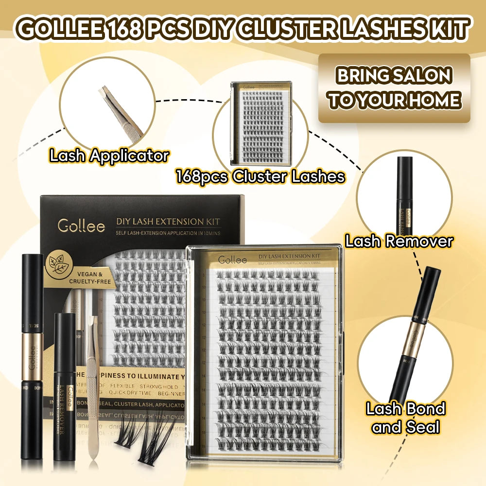 New Gollee 168pcs DIY Cluster Lash Kit 2 IN 1 Bond and Seal 8ml Lasting 3Days Lash Remover Home Use False Eyelash Adhesive Seal