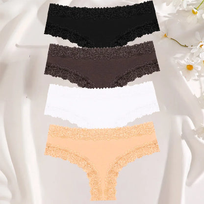 FINETOO 4PCS Women Cotton Brazil Panties Sexy Low Waist Lace Briefs Solid Color Stretch Underpants Comfortable Lingerie Panties