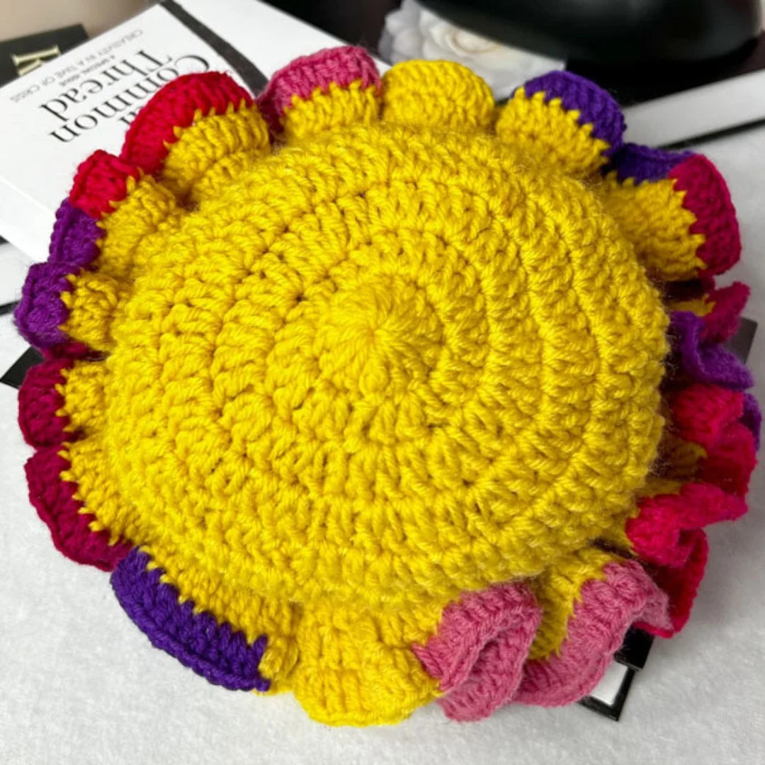 Handmade Crochet Knitted Hats Women Girl Crochet Scallop Ruffle Edge Knit Bucket Caps Adult Trendy Rainbow Striped Beach Sun Hat