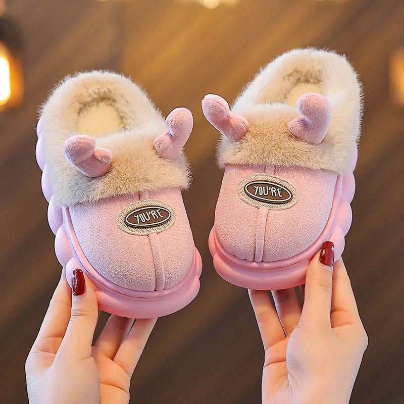 Children's Slippers Winter New Cartoon Warm Anti Slip Boys Girls Indoor Comfortable Platform Reindeer Baby Plush Cotton Shoes