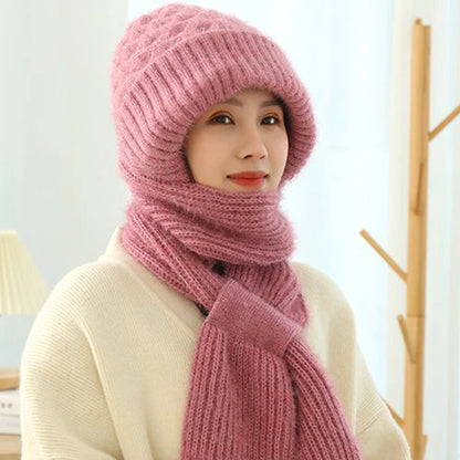 Velvet Thickened Plush Hats And Scarf All In One Knitted Women's Winter Double Layer Warm Wool Hooded Ear Protection Beanie Cap