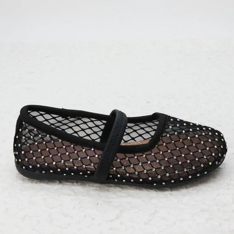 Luxury Lace Mesh Ballet Flat Kid Girls Elegant Brand Design Rhinestones Covered Fishnet Ballerina Shoes Children Dress Zapatos