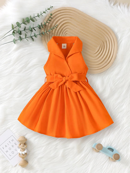 Infant & Toddler's Retro Style Sleeveless Dress, Casual Solid Color Dress, Baby Girl's Clothing For Summer