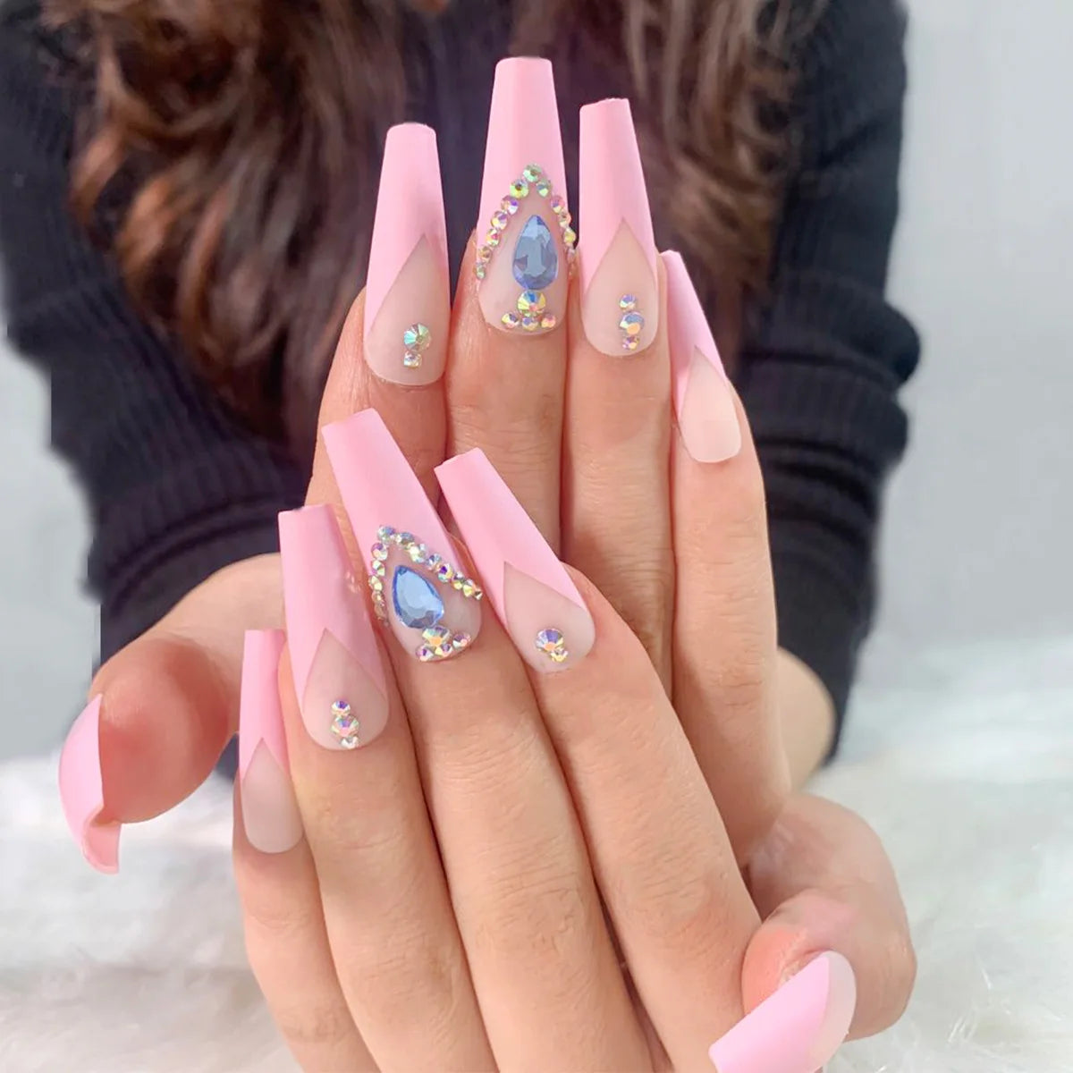 24Ps Super Long Ballet Wearable Fake Nails Blue Diamond Small Flower Press on Nail Stickers Finished Removable False Nail Pieces