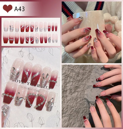 24pcs/box Luxury Pink Long Coffin Fake Nails Y2K Moon Star Rhinestones Press On Nails Handmade Full Cover Reusable False Nails