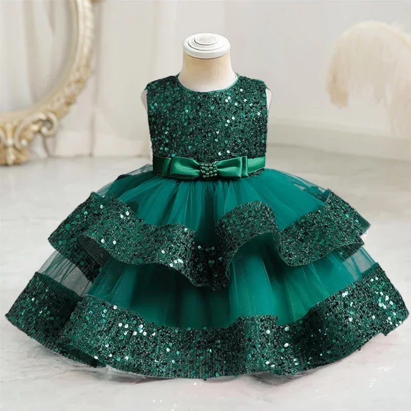 Sequin Birthday Party Dress for Baby Girls Sleeveless Elegant Tulle Princess Dress Red Green Christmas Dress for Kids New Year