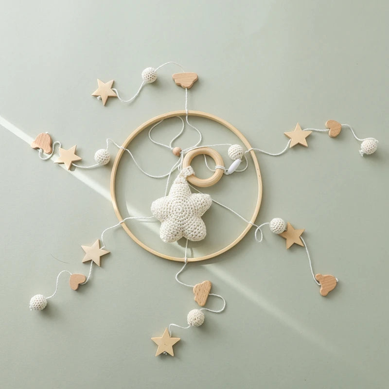 Baby Crib Mobile Bed Bell Rattle Toys Wooden Crochet Stars Pendant Bed Bell Toys Newborn Comfort Crib Bracket Hanging Toys Gifts