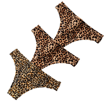 Giczi 3PCS/Set Women's Panties Fashion Leopard Bikini Sexy Thongs Seamless Underwear Silk Satin Lingerie Sport Fitness G-Strings