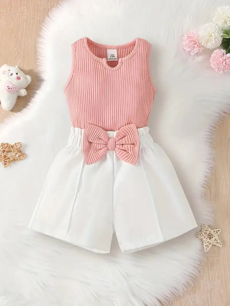 Cute Baby Girl Outfit - Pit Strip Collared Bow T-shirt and White Bow Shorts Set for Summer Outings