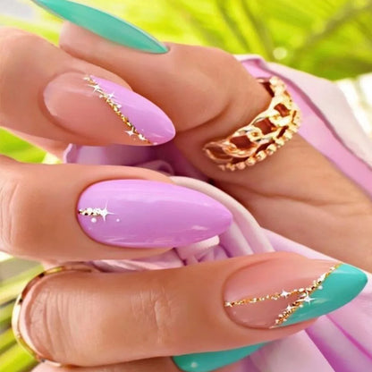 24Pcs Mid-length False Nails with Almond Head Design Brown Gold Lines Fake Nails Oval Wearable French Press on Nail Tips