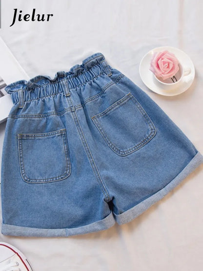 Jielur Summer Black Women Denim Shorts Women S-5XL Harem Ruffled White Blue High Waisted Shorts Female Elastic Short Jeans