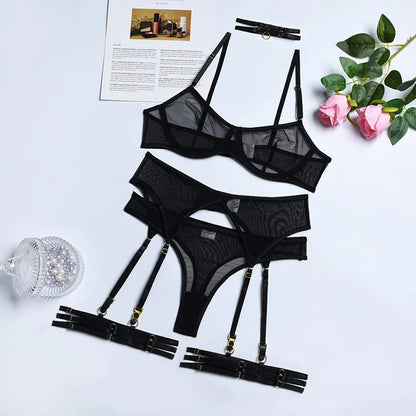 Yimunancy 4-Piece Lace Bra Set Women Mesh Panty Underwear Set 8 Colors Transparent Sexy Lingerie Set