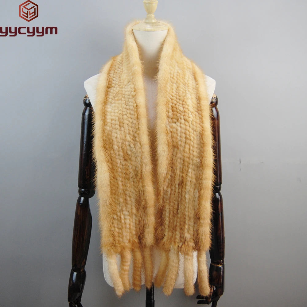 2025 Luxury Women Muffler 100% Real Mink Fur Scarf With Tassel Hand Knitted Natural Mink Scarves Neck Warmer Poncho Wholesale