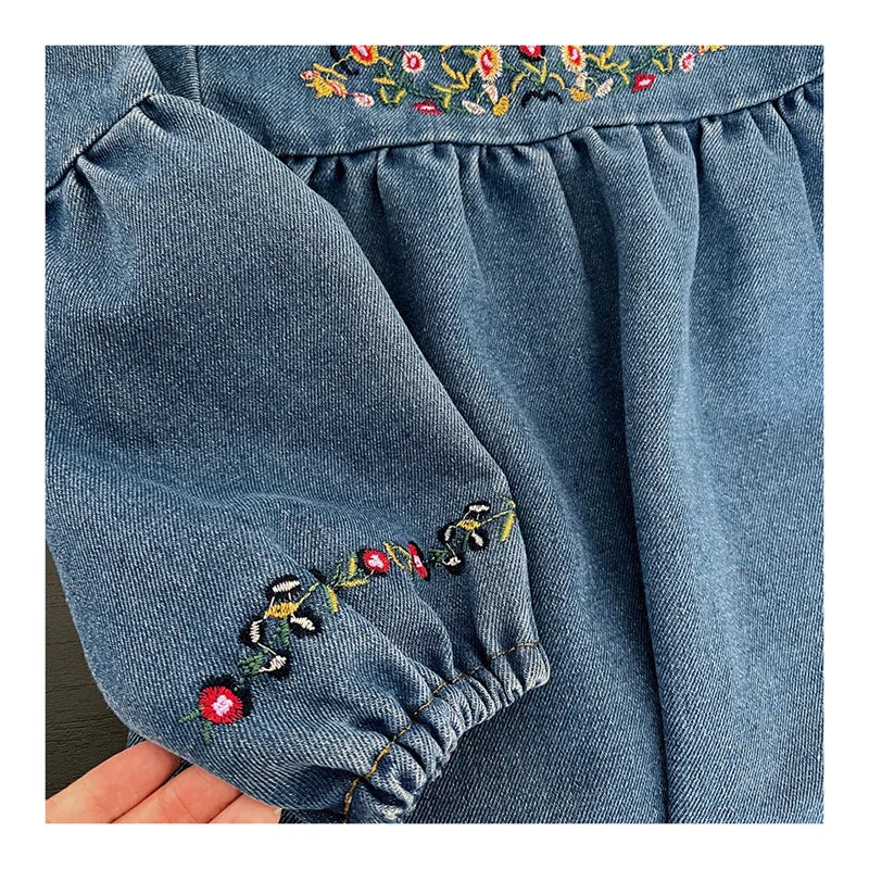 Kids Clothing  Spring And Autumnr Round Neck Floral Embroidered Long Sleeve Denim dress Girls Dress Princess Dress