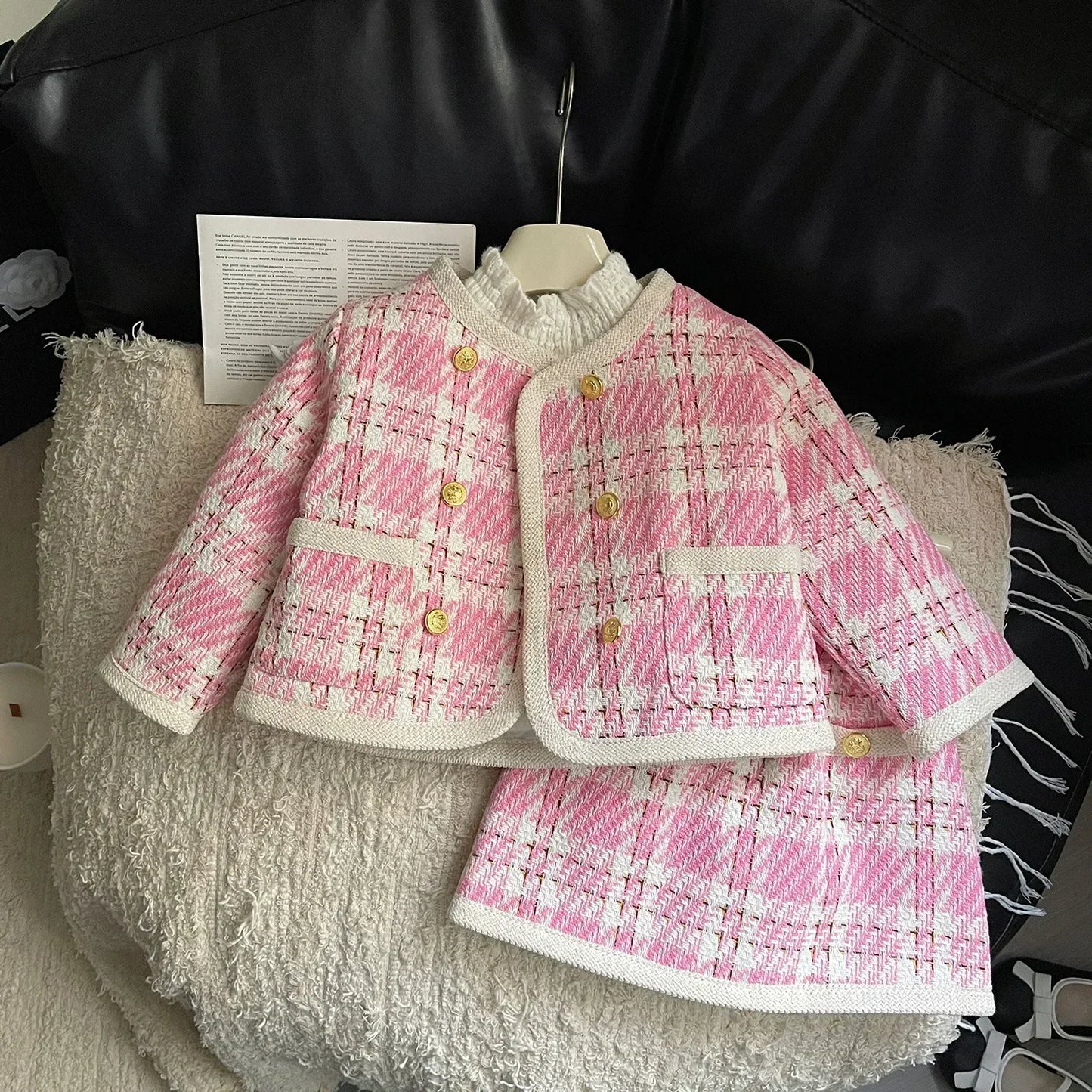 Girls' Suit Winter New Korean Version of Girls' Pink Small Fragrance Long-sleeved Coat + Skirt Two-piece Set  Girl Clothes