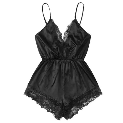 Sexy Lace Halter Oil Shiny Cloth Black Jumpsuit Fashionable and Comfortable Lace Lace Pyjamas Erotic Lingerie