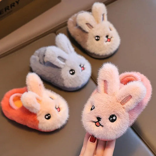 New Winter Rabbit Girls Cotton Slippers Cute Cartoon Anti Slip Soft Bottom Boys Plush Slippers Fashionable Warm Baby Strap Boots