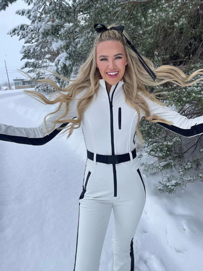 Winter Patchwork Ski Jumpsuits For Women Long Sleeve Waterproof Windproof Skiing Overall Female 2024 Elegant Skateboard Jumpsuit