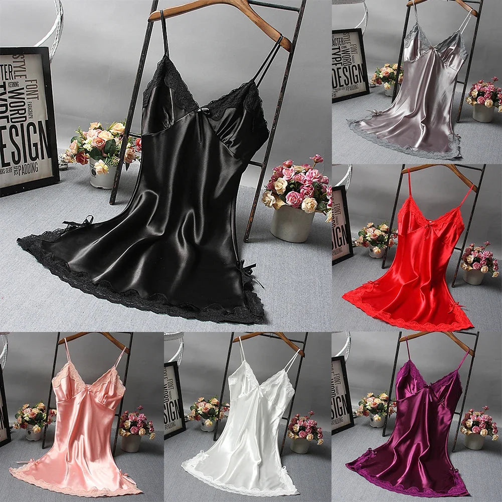 Sexy Women's Satin Soft Nightdress Lace Lingerie Sleepwear Ladies Wrap Night Dress Robe Summer Pajamas Nightgowns Sleep Shirts