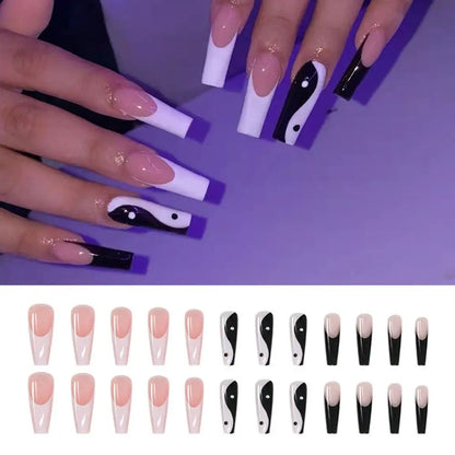 24Pcs Long Coffin False Nails White Black Designs Wearable French Ballerina Fake Nails Press On Full Cover Manicure Nail Tips