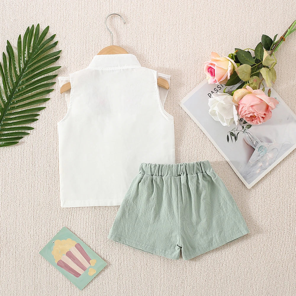 (0-3 Years Old) Summer Baby Girl Cotton Flower Embroidery Sleeveless Top And Shorts Two-Piece Set Of Cute Girl Shirt Top And Sho