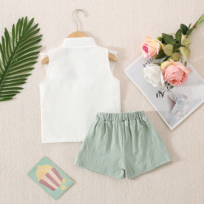 (0-3 Years Old) Summer Baby Girl Cotton Flower Embroidery Sleeveless Top And Shorts Two-Piece Set Of Cute Girl Shirt Top And Sho