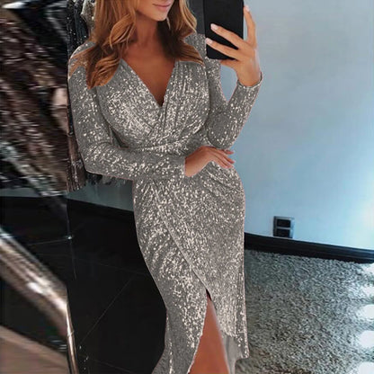 Slim Deep V Neck Hot Stamping Wrap Hip Long Sleeve Formal Dress