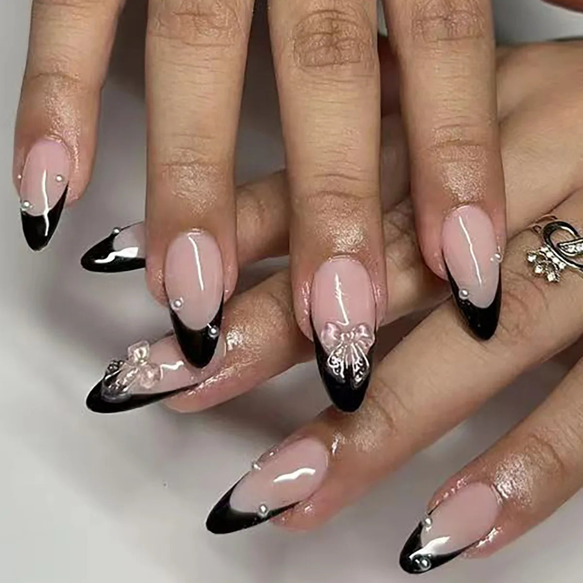 24Pcs Mid-length False Nails with Almond Head Design Brown Gold Lines Fake Nails Oval Wearable French Press on Nail Tips