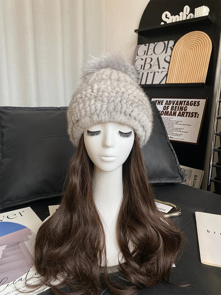 New Women Winter Natural Mink Fur Hats Knitted Real Mink Fox Fur Ball Caps Female Russian Warm Beanies Hat Fur Hat