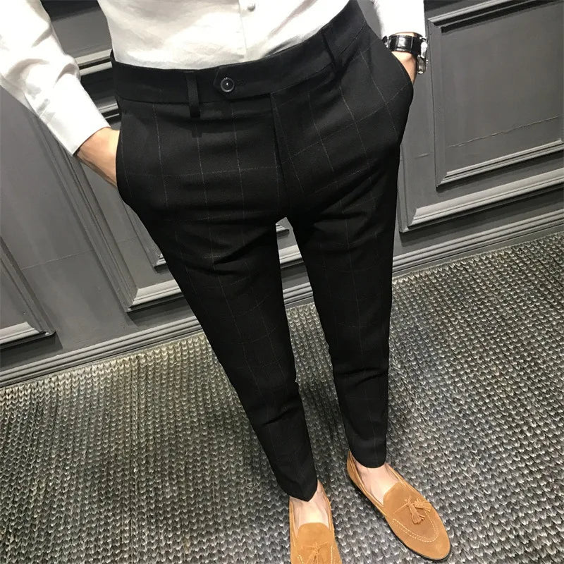 Spring Plaid Casual Trousers For Men Slim Fit Korean Style Cropped Pants Trendy Suit Pants Man's Slacks Fashionable Shorts