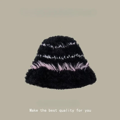 Japan Fashion Plush Fisherman Hat Women's Autumn and Winter Make Your Face Look Smaller  Rabbit Fur Knitted Hat Big H...