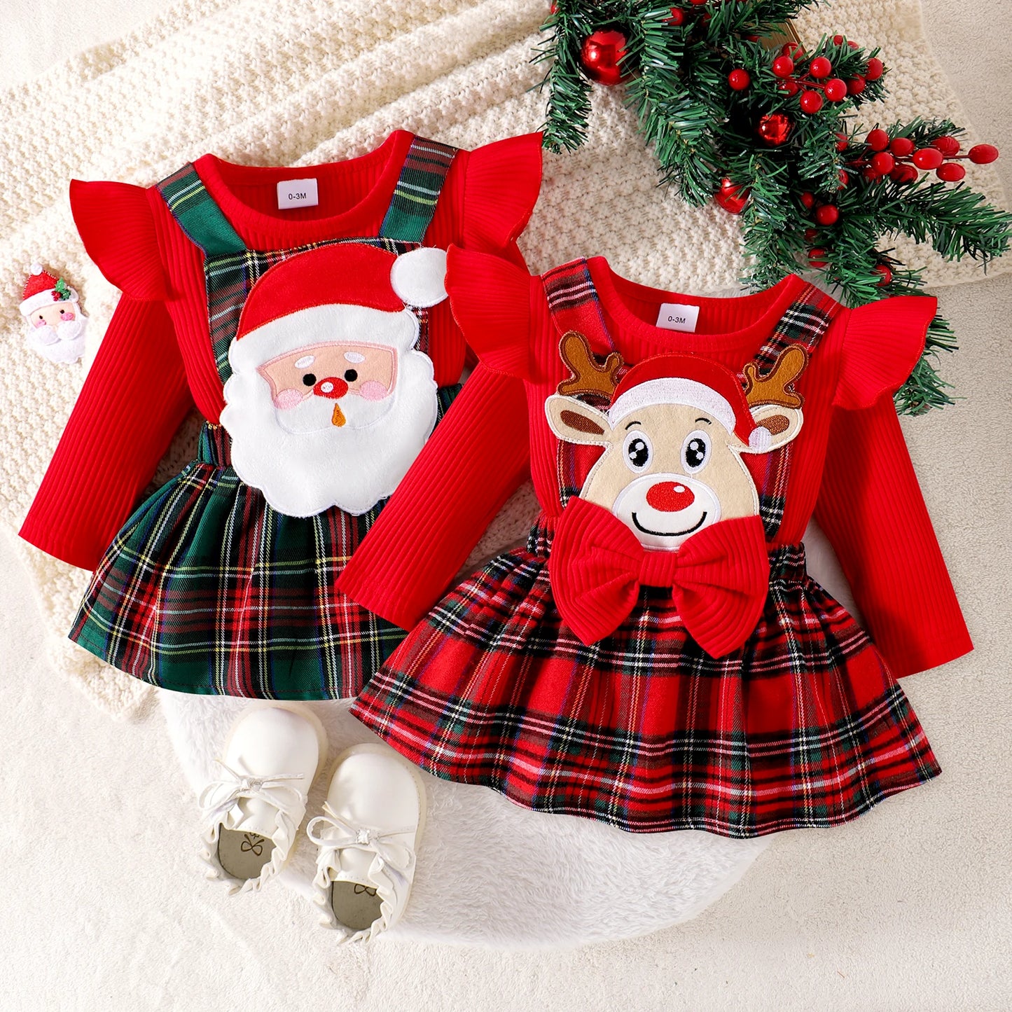 Autumn And Winter 0-1 Year Old Girl Baby Comfortable Santa Claus Long-Sleeved Red Spliced Green Plaid Skirt