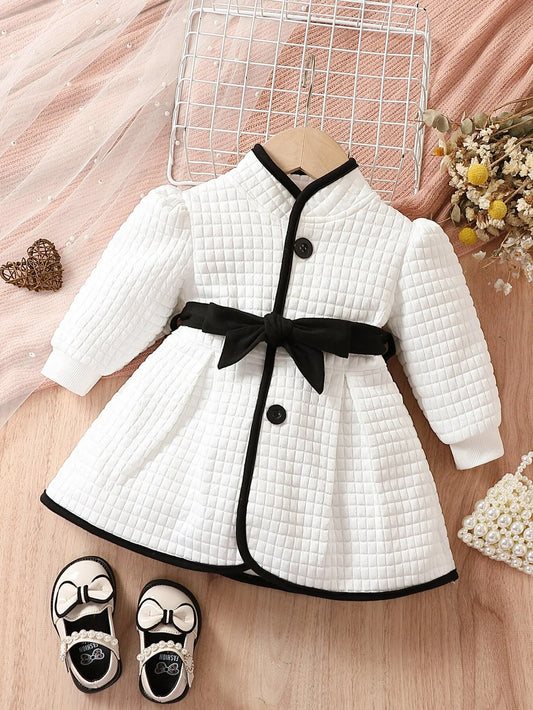 Baby Girls Fashion Autumn And Winter Thermal Belted Dress Set Princess Coat Classic Black And White Color Contrast Cardigan