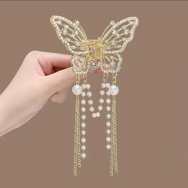 Exquisite Rhinestone Butterfly Fringe Hair Claw Clips Korean New Ponytail Braid Pearl Hairpin Girl Crab Metal Headdress Gift