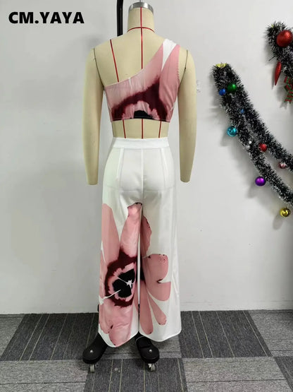 Women Set Floral Print Sleeveless Skew Collar Tops +Wide Leg Pants 2025 Summer