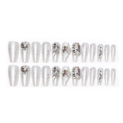 24pcs Luxury Mid-Long Ballet False Nails Set Glittering Rhinestone+Handmade Flowers Press-on Fake Nail Glossy Patch For Bridal