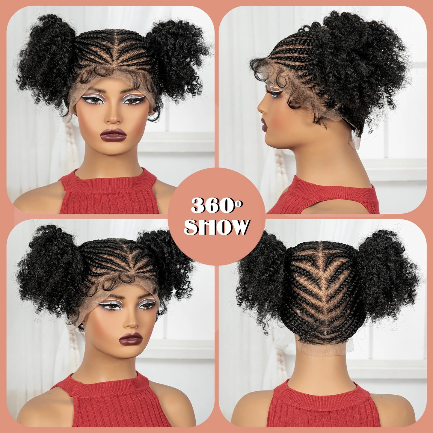 Cornrow Braided Wigs Synthetic Full Lace Bantu Braided Lace Wig with Baby Hair Cosplay Wig for Women Girls Lace Front Braids Wig